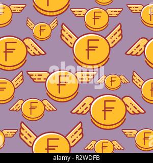 Franc coins with wings, seamless vector pattern. Stock Vector