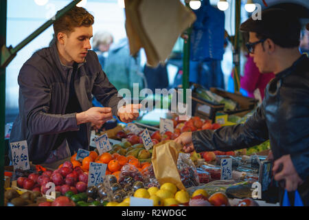 London, UK - February, 2019. Fresh vegetables stall in Portobello Road Market, a local market held every Sunday in Notting Hill. Stock Photo