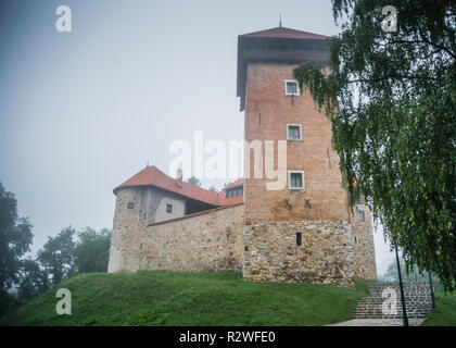 The Dubovac Castle overlooks the Croatian city Karlovac. In a fog of summer morning. Stock Photo