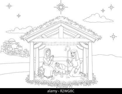 Nativity Christmas Scene Coloring Cartoon  Stock Vector