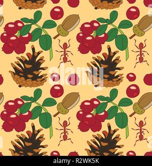 Seamless vector pattern with lingonberries, ants, acorns and cones, light background Stock Vector