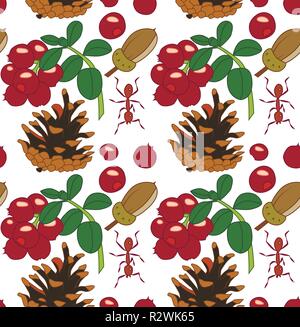 Seamless vector pattern with lingonberries, ants, acorns and cones, transparent background Stock Vector