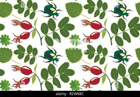 Seamless vector pattern with rosehip berries, leaves and flower chafers, transparent background Stock Vector