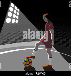 Football player with ball standing at stadium, vector illustration Stock Vector