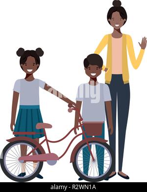 mother and children with bicycle avatar character Stock Vector