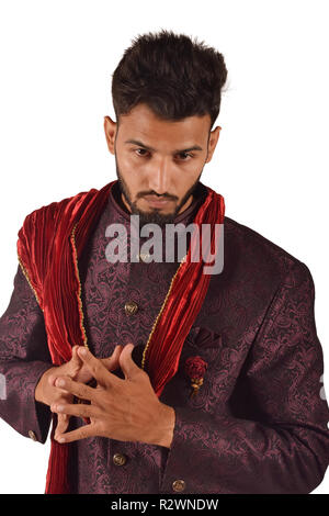 Handsome boy in Indian traditional attire posing for camera, Pune, Maharashtra. Stock Photo