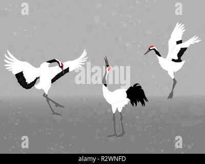 Red-crowned cranes on gray background, vector illustration Stock Vector