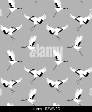 Seamless pattern with red-crowned cranes on gray background, vector illustration Stock Vector