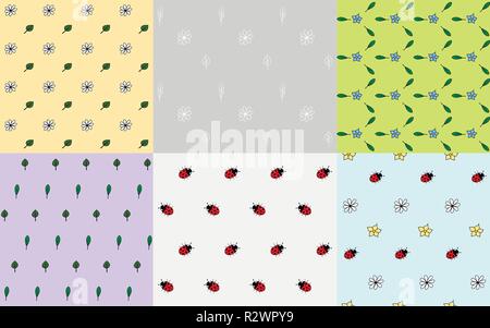Set of seamless nature patterns with flowers, leaves and ladybirds, vector illustration Stock Vector