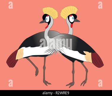 Two dstanding grey crowned cranes, vector illustration Stock Vector