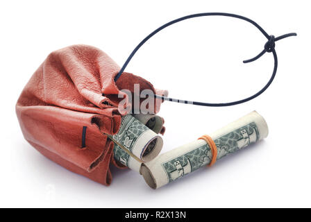 Rolled US Dollar in leather pouch over white background Stock Photo