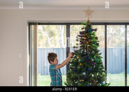 Child setting up lights  on Christmas tree in South Australia Stock Photo