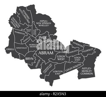 Wigan City Map England UK labelled black illustration Stock Vector