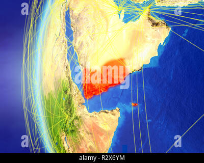 Yemen from space on model of Earth with international network. Concept of digital communication or travel. 3D illustration. Elements of this image fur Stock Photo