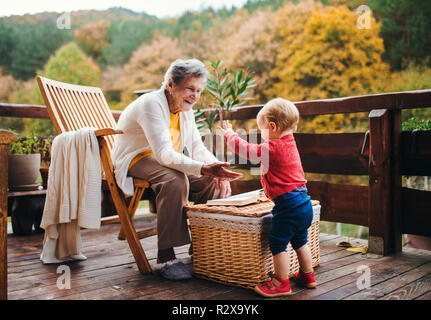 Elderly woman with a toddler great-grandchild on a terrace in autumn. Stock Photo