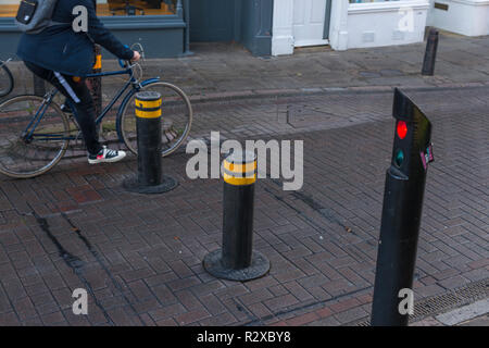 Automatic rising bollards to restrict traffic in Cambridge city centre, Cambridgeshire, England, UK Stock Photo