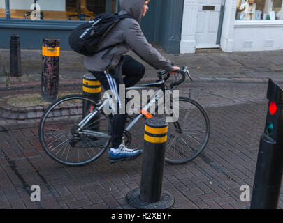 Automatic rising bollards to restrict traffic in Cambridge city centre, Cambridgeshire, England, UK Stock Photo