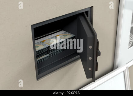 An open hidden wall safe with stacks of us dollar banknote piles  revealed behind a hanging framed picture on a wall in a house - 3D render Stock Photo