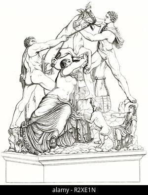 Old reproduction of the Toro Farnese (Farnese Bull) kept in National Archaeological Museum, Naples, Italy. Publ. on Magasin Pittoresque, Paris, 1846