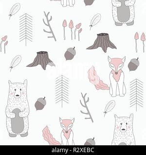Scandinavian woodland seamless pattern with folk animals bear, fox, trees, mushrooms. Kids design for fabric, textile. Vector Illustration. Stock Vector