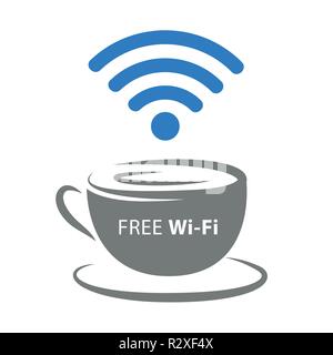 free Wi-Fi zone icon with coffee cup and blue wireless signal vector illustration EPS10 Stock Vector