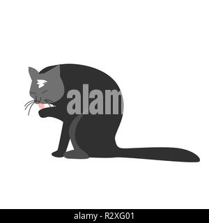 Funny hand drawn black cat is licking its paw. Vector illustration of a cartoon character Stock Vector