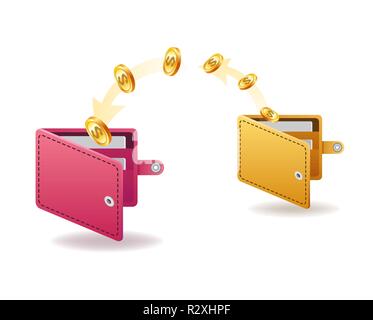 Money transfer from and to wallet in isometric vector design. Capital flow, earning or making money. Financial savings or economy concept. Stock Vector