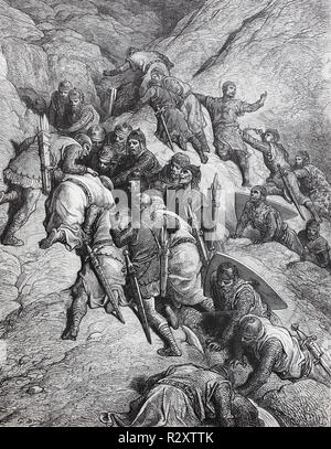 Digital improved reproduction, the knights of the crusade have found a hole with water in the rocks, First crusade. Die Ritter des Kreuzzuges haben eine Wasserstelle zwischen den Felsen gefunden, from an original print published in the 19th century Stock Photo