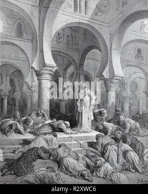 Digital improved reproduction, Pray to Mohammed, the Muslim forces are praying infront of a mosque, Jerusalem, First crusade, 1098. Anrufung Mohammeds vor der Moschee, from an original print published in the 19th century Stock Photo