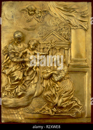 The Virgin and Child Appearing to Saint Martina. Dated: c. 1650. Dimensions: overall: 50.8 x 38.1 cm (20 x 15 in.). Medium: gilded bronze. Museum: National Gallery of Art, Washington DC. Author: Probably Cosimo Fancelli, after Pietro da Cortona. Stock Photo