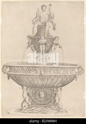 Fountain with Statue of Neptune. Dated: c. 1480/1485. Dimensions: sheet: 33.3 x 24.1 cm (13 1/8 x 9 1/2 in.). Medium: engraving. Museum: National Gallery of Art, Washington DC. Author: Zoan Andrea. Stock Photo