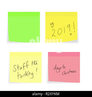 Christmas, New Year reminders, handwriting on sticky notes, on white. Stuff turkey, shopping days etc. Plus blank for your message. Stock Photo