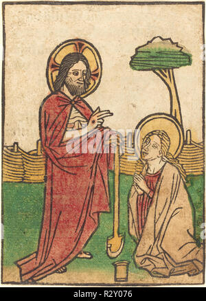 Noli Me Tangere. Dimensions: Overall: 11.1 x 8 cm (4 3/8 x 3 1/8 in.)  overall (external frame dimensions): 59.7 x 44.5 cm (23 1/2 x 17 1/2 in.). Medium: hand-colored woodcut (blockbook page). Museum: National Gallery of Art, Washington DC. Author: Ludwig of Ulm. Stock Photo