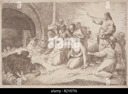 The Raising of Lazarus. Dated: 1758/1759. Dimensions: plate: 29 x 43 cm (11 7/16 x 16 15/16 in.)  sheet: 30.5 x 44.5 cm (12 x 17 1/2 in.). Medium: etching in sanguine on laid paper. Museum: National Gallery of Art, Washington DC. Author: Gaetano Zompini, after Giovanni Benedetto Castiglione. Stock Photo