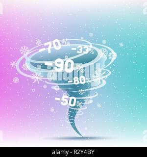 Christmas discounts tornado on purple and pink background. Holiday swirl snowflakes storm with discount percentage price tag Stock Vector