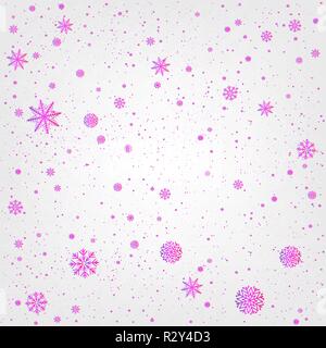Pink and purple glitch snowfall background. Snow falling on light white background. Frosty wintry snowflakes. Ice shape seamless pattern. Christmas ho Stock Vector