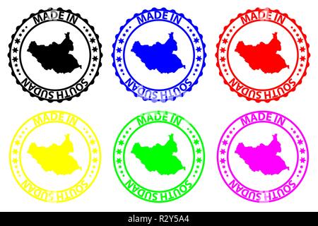 Made in South Sudan - rubber stamp - vector, Republic of South Sudan map pattern - black, blue, green, yellow, purple and red Stock Vector