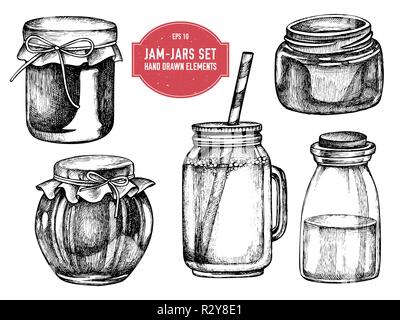 Vector collection of hand drawn black and white jars Stock Vector