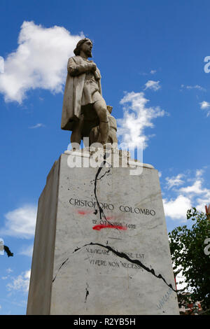 Vandalized monument to Christopher Columbus in protest against the treatment of indigenous people by European colonisers, La Paz, Bolivia Stock Photo