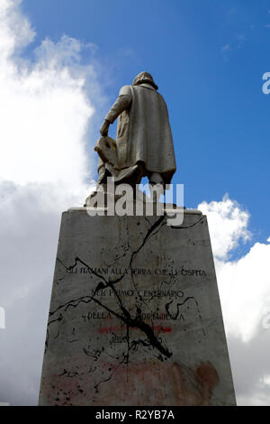 Vandalized monument to Christopher Columbus in protest against the treatment of indigenous people by European colonisers, La Paz, Bolivia Stock Photo