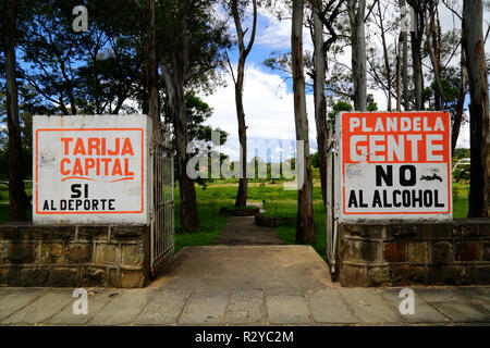 Yes to sport, no to alcohol slogans on entrance to sports ground, Tarija, Bolivia Stock Photo