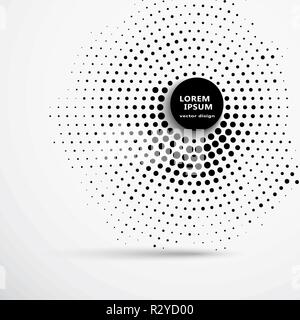 Abstract business asymmetric background with circular halftone design circle of black dots around a circle with a large black round button and shadow. Stock Vector