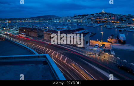 Long exposure of Marseille Harbour at night, France. Stock Photo