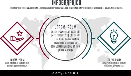 infographics with two elements, quadrilaterals. Contains map in the center. Designed for business, presentations, web design, diagrams with 2 steps. Stock Vector