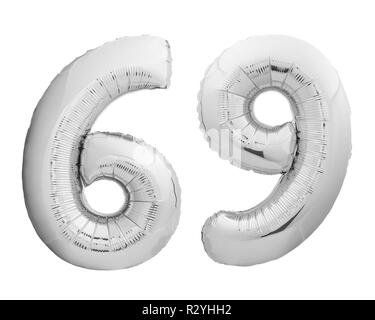 Silver chrome number 69 sixty nine made of inflatable balloon on white Stock Photo