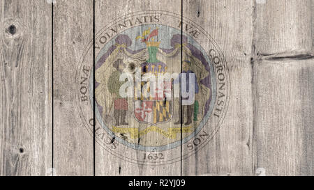 USA Politics News Concept: US State Maryland Seal Wooden Fence Background Stock Photo