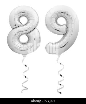 Silver chrome numbereighty nine 89 made of inflatable balloon with ribbon on white Stock Photo