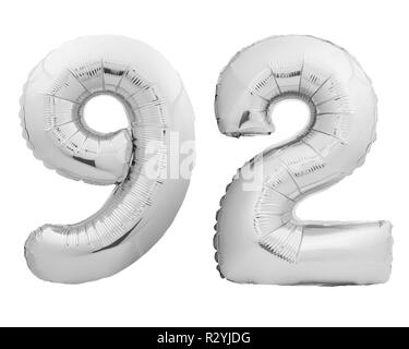 Silver chrome number number 92 ninety two made of inflatable balloon on white Stock Photo