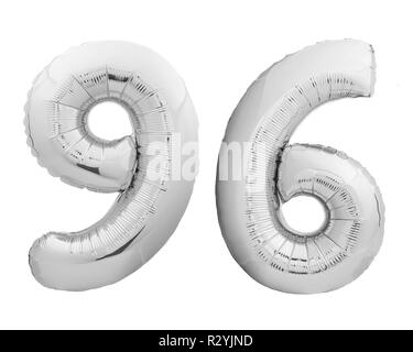 Silver chrome number number 96 ninety six made of inflatable balloon on white Stock Photo