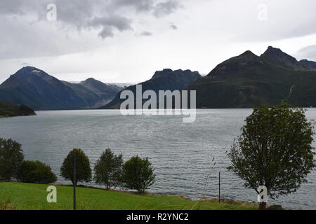 Gletscher, Svartisen, Svartisengletscher, Saltfjellet, Nationalpark, Fjord, Holandsfjorden, Nordfjorden, Schnee, Eis, Eisschicht, kalt, mächtig, Zunge Stock Photo